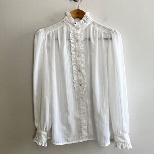 VTG 80s La Blouse High Neck Ruffle Blouse Womens 12 Ivory Sheer Romantic Career